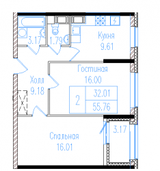 Двухкомнатная квартира 58.4 м²
